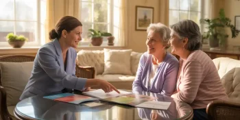 Mother and daughter speaking with a senior placement specialist.
