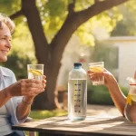 Senior mother and her adult daughter keeping hydrated on a hot summer day.