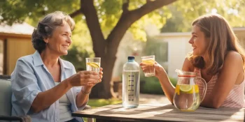 Senior mother and her adult daughter keeping hydrated on a hot summer day.