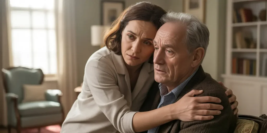 comforting an elderly father with dementia while sundowning