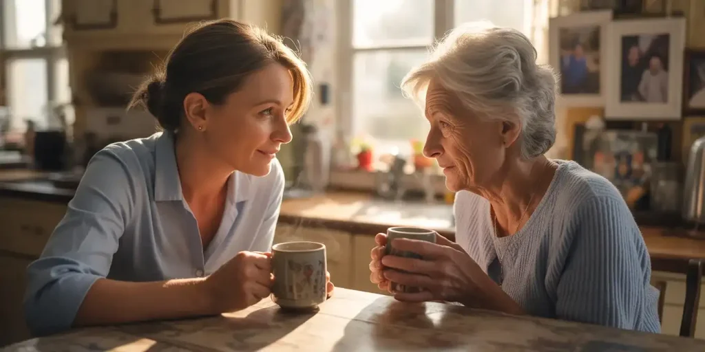 Adult daughter speaking with aging mother about future care needs.