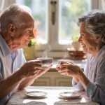 a smiling senior couple is sitting at the kitchen table, drinking their tea