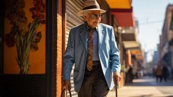 senior man walking down the street and using a cane