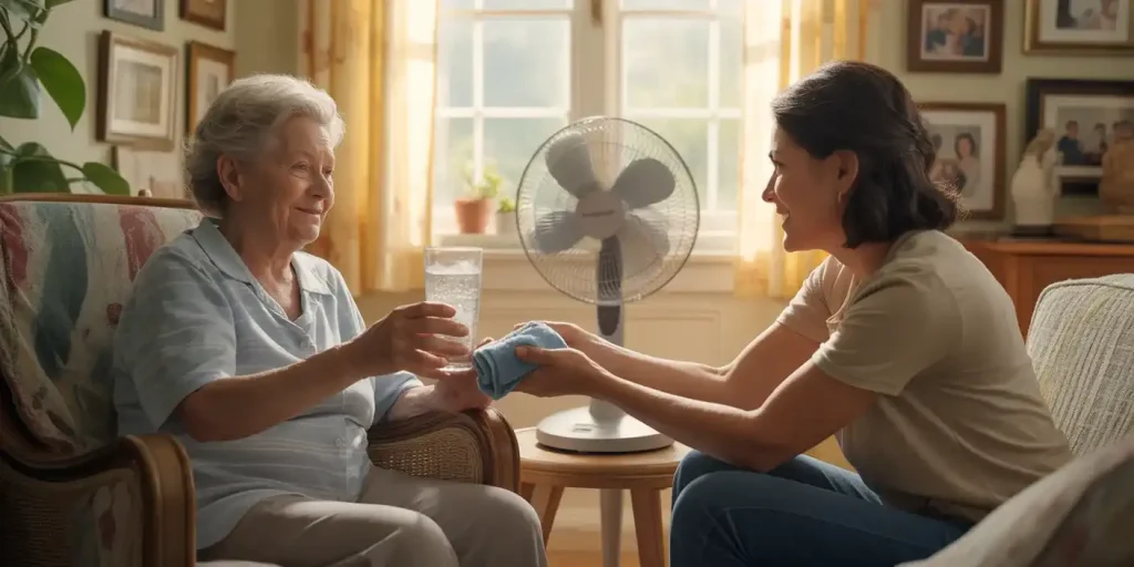 Senior mother taking precautions to cool down during hot summer day