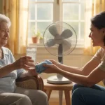 Senior mother taking precautions to cool down during hot summer day