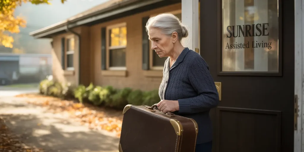 Elderly woman leaving assisted living facility.