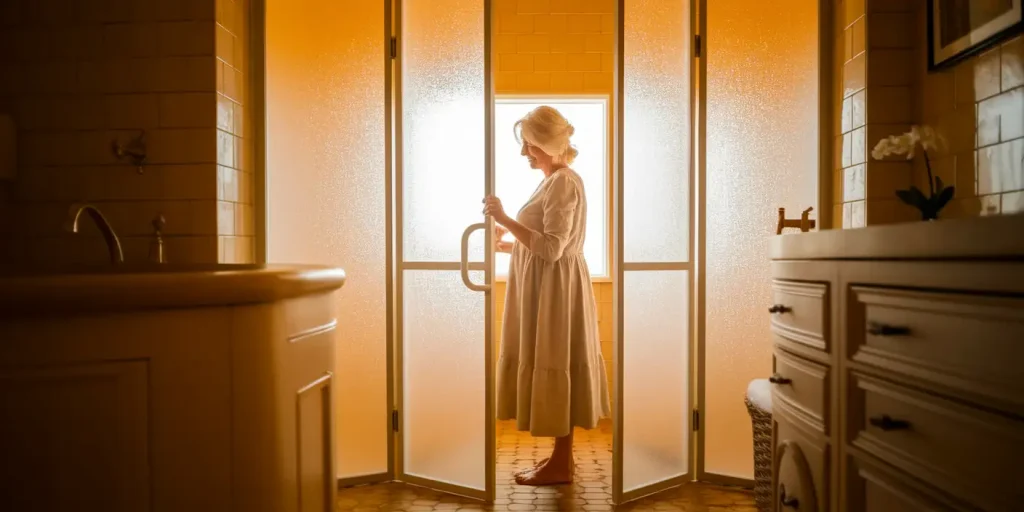 A woman in her bathroom standing in her zero threshold shower.